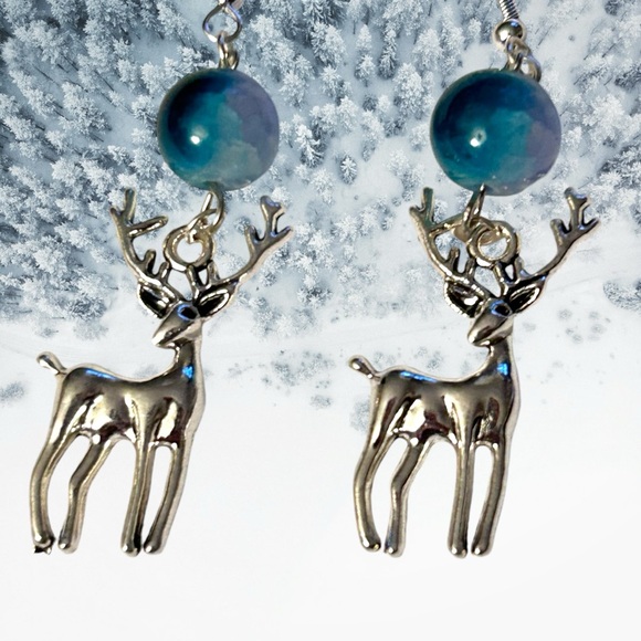 Hand Crafted Jewelry - Handmade Earrings Silver Reindeer Green Beads Dangle Handmade Pierced